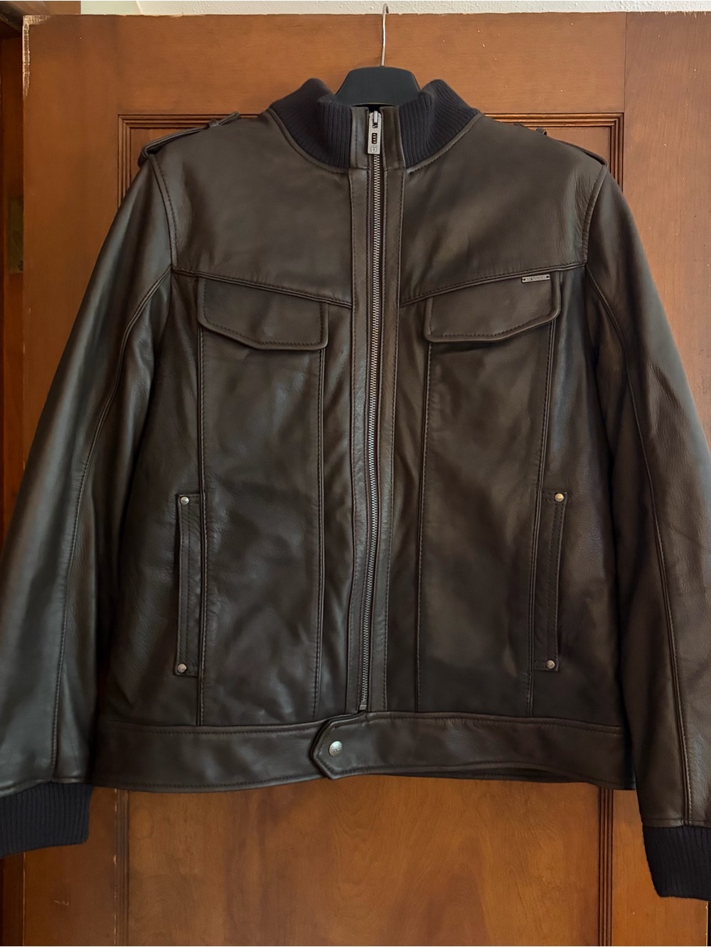 GUESS Men's Dark Brown Leather Bomber Jacket